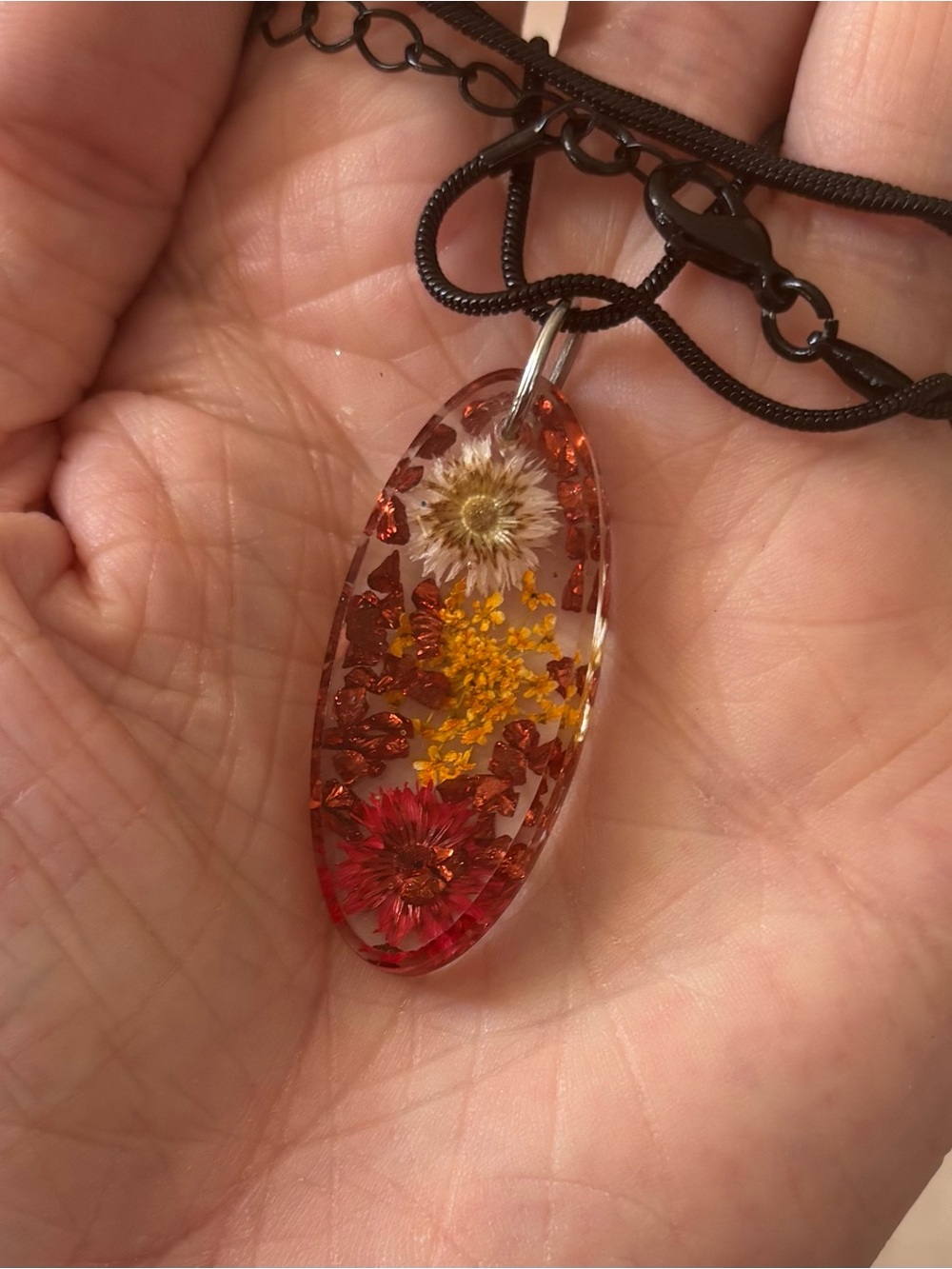 Oblong Resin Pendant Necklace — Red & Orange Floral With Crushed Glass